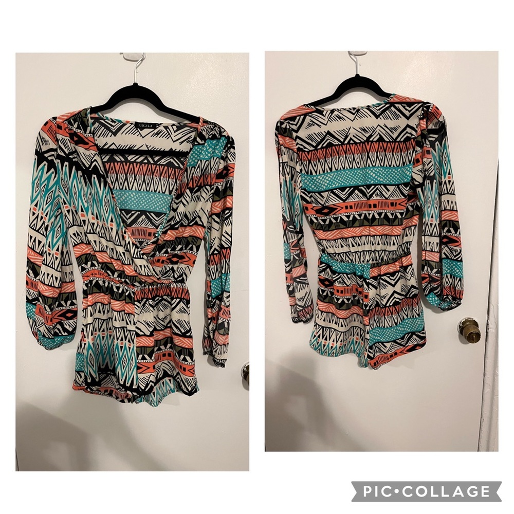 UK2LA black, white, pink and turquoise romper with cut out arms, size S